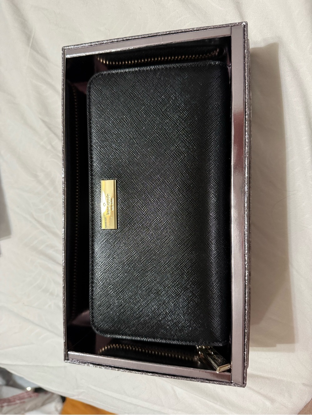 Brand NEW- Black Saffiano Zip-Around Wallet with Gold Plaque